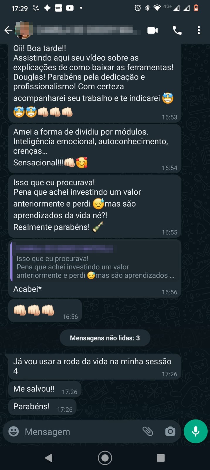 Depoimento de aluno enviado por mensagem