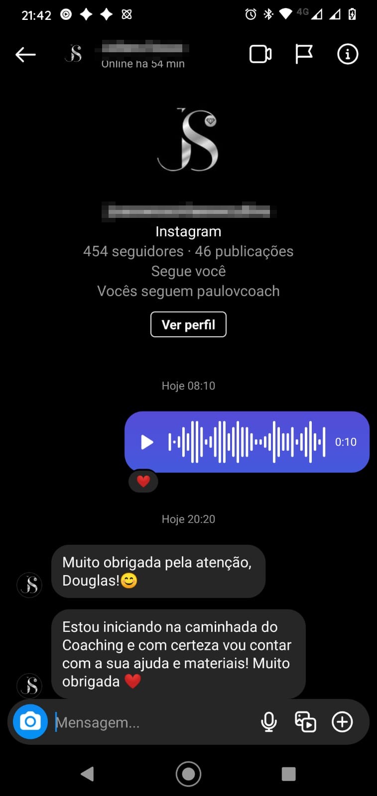 Depoimento de aluno enviado por mensagem
